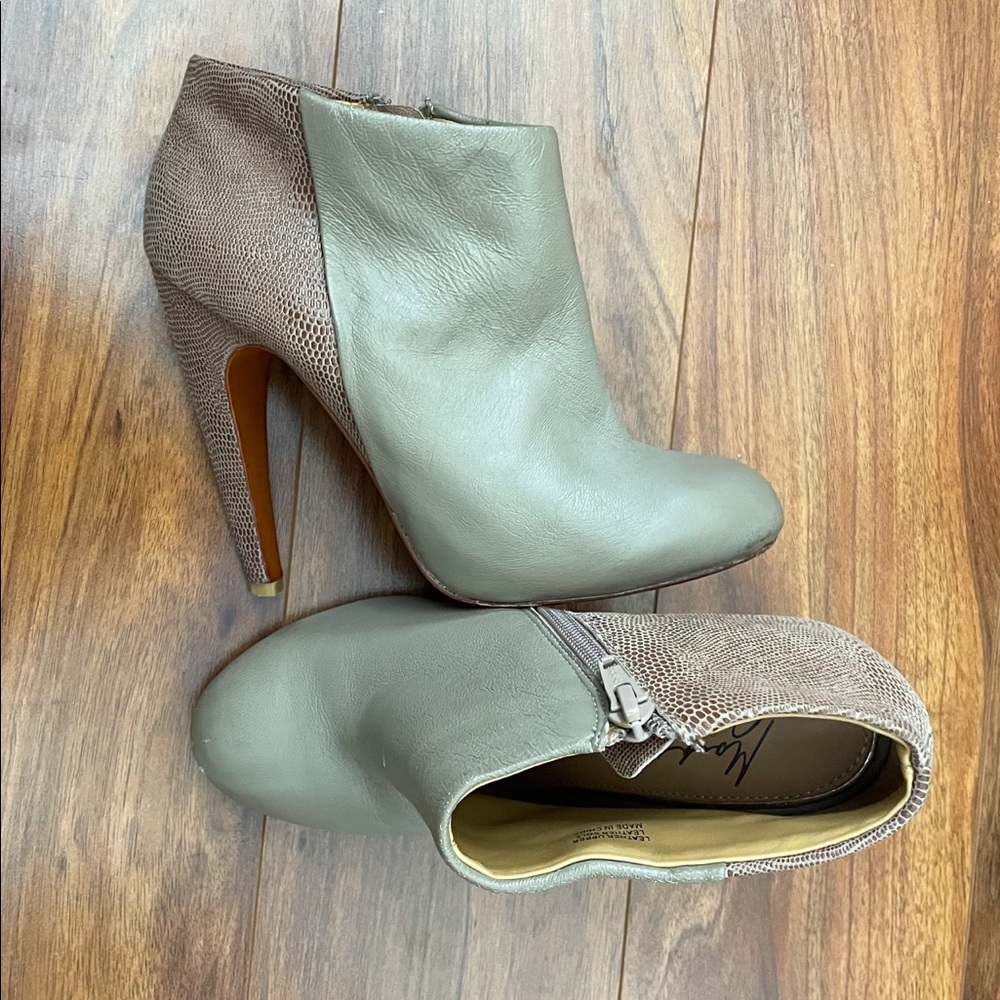 Gray and tan leather heeled booties